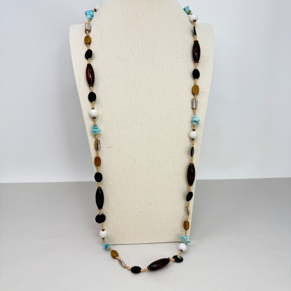 Boho Long Beaded Necklace Wood Shell Stone Mixed Media Earthy Natural